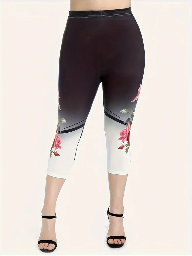 Plus Size Large Casual Set, Summer New Contrasting Rose Flower Print Oversized Round Neck T-Shirt Pants, Slim Fit Two-Piece Set