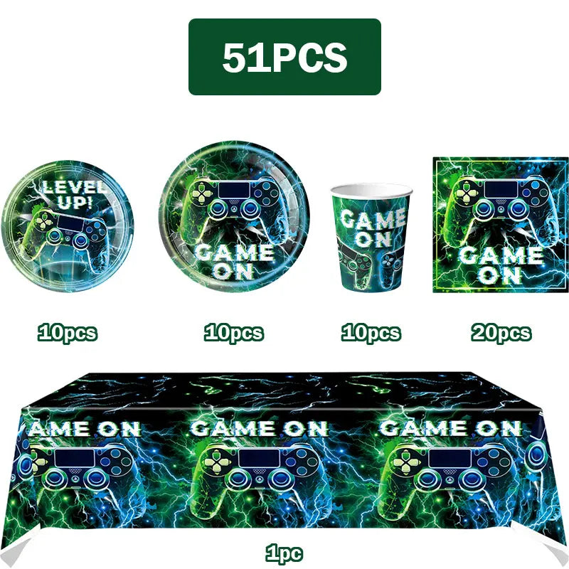 Happy Video Game Themed Birthday Party Decorations Set Tableware Plates Cups Cake Topper Gift Bags Banner Party Supplies Favors