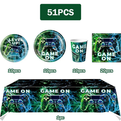 Happy Video Game Themed Birthday Party Decorations Set Tableware Plates Cups Cake Topper Gift Bags Banner Party Supplies Favors