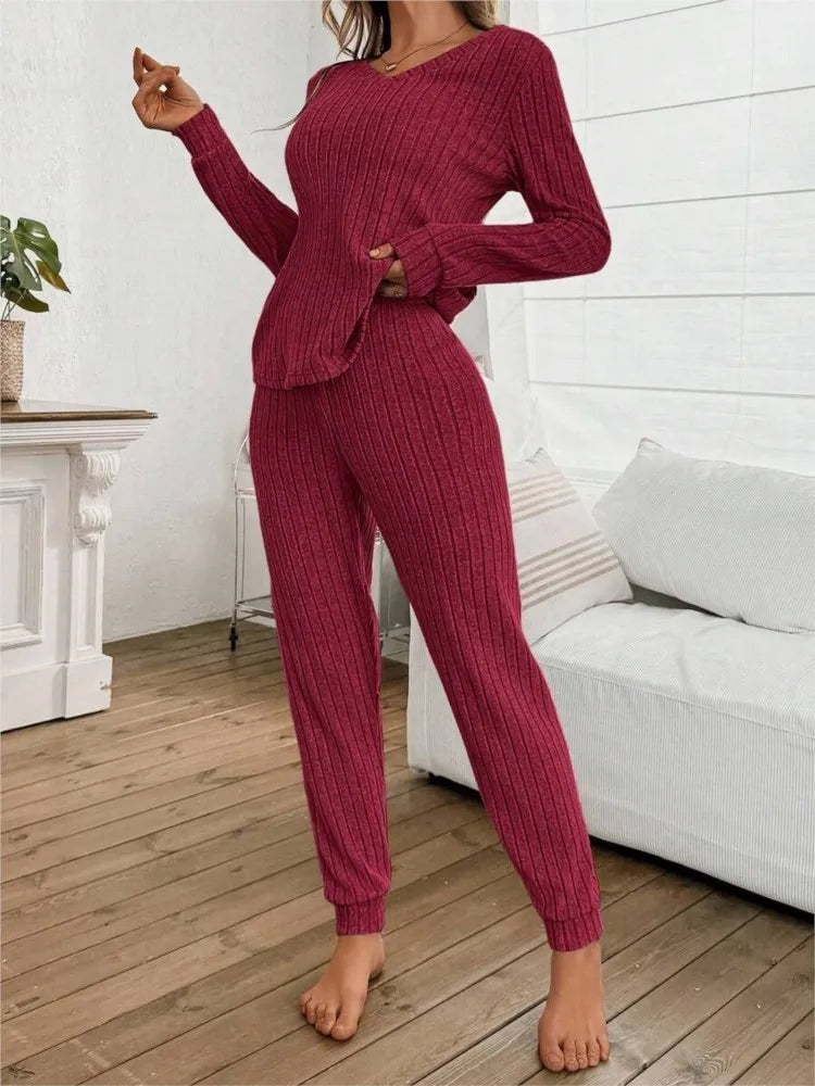 Casual V-neck Knitted Pit Strip T-shirt Long-sleeved Womes Suit Autumn Winter New Slim Fit Trousers Female Home Wear 2-piece Set