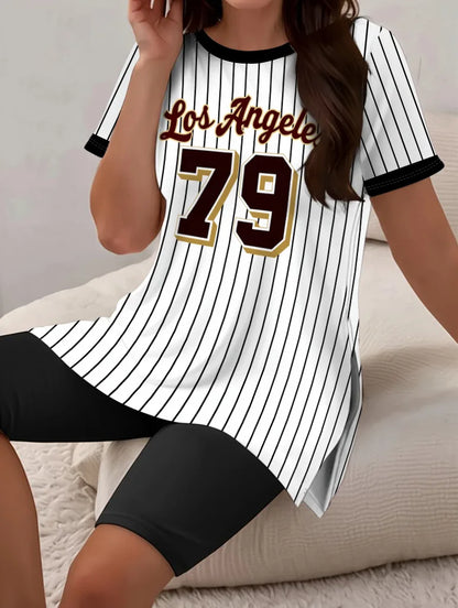2025 Women New Slit Printed Top Round Neck T-shirt + Sports Shorts Fashionable Casual Women Sports Style Comfortable Shorts Suit