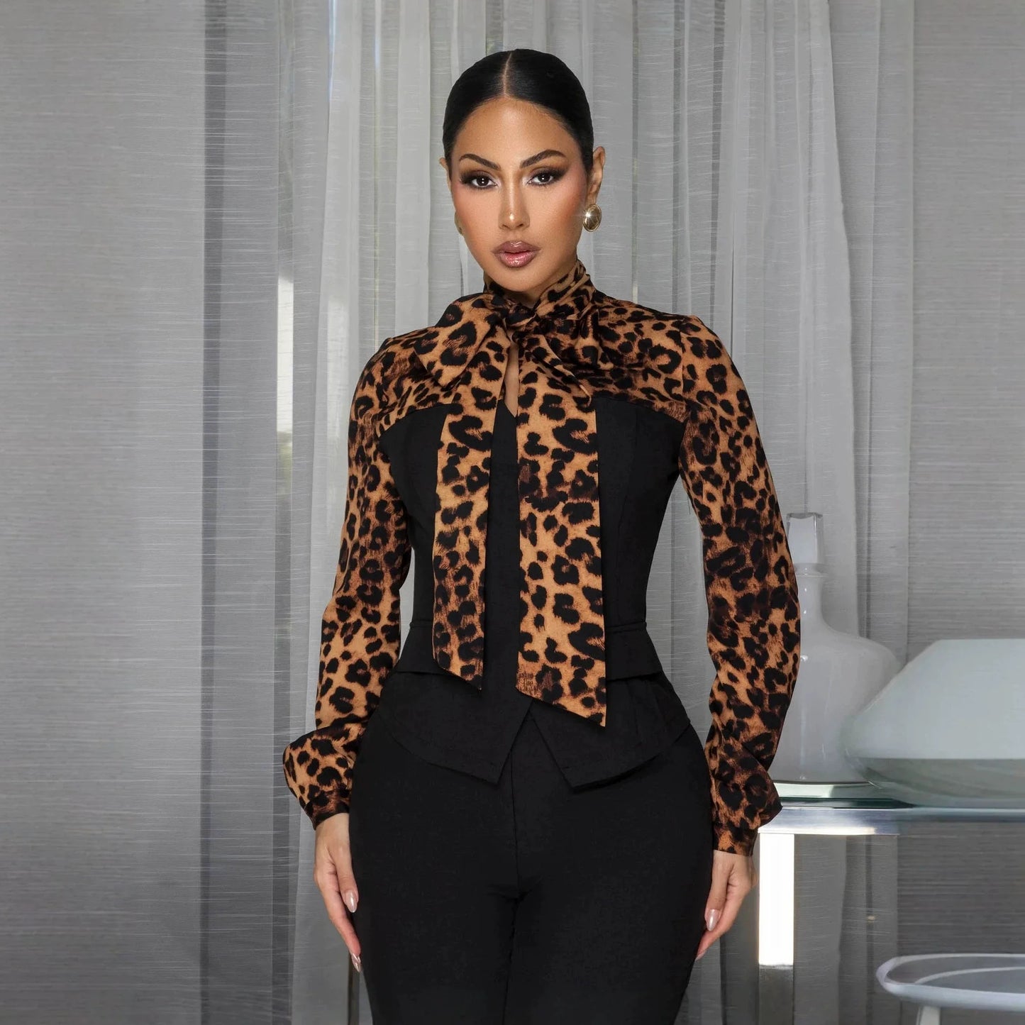 2 Pcs Women Chic Pants Suit Casual Leopard Patchwork Slim Top+ High-waist-drooping Wide-leg Long Pants Fashion Autumn Suits Set