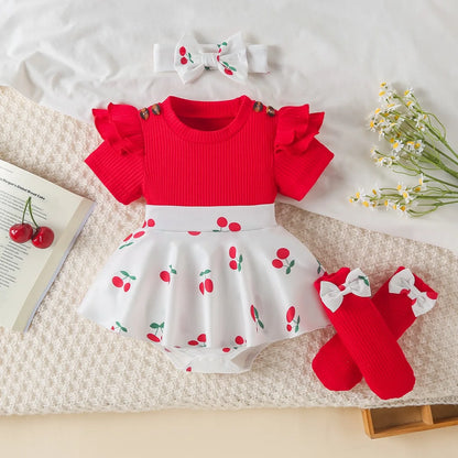 Baby Girl Bodysuit Dresses Short Sleeve Heart Shape Bow Romper Infants Onesies With Socks Headband 3pcs Sets For Newborn Girls