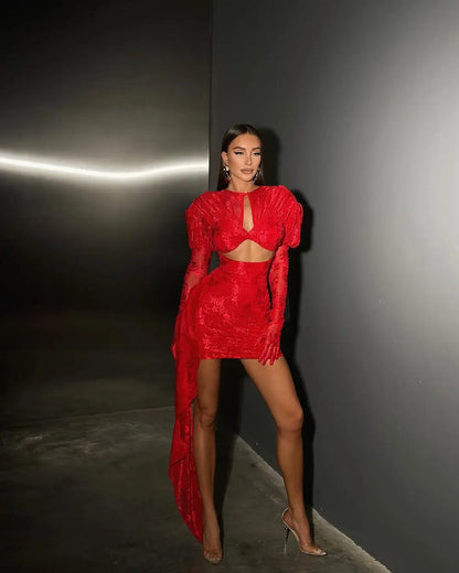 2024 New Fashion Red White Women Gloves Sexy Bodycon Mini Draped Dress Nightclub Party Bar Singer Birthday Celebrate Dress