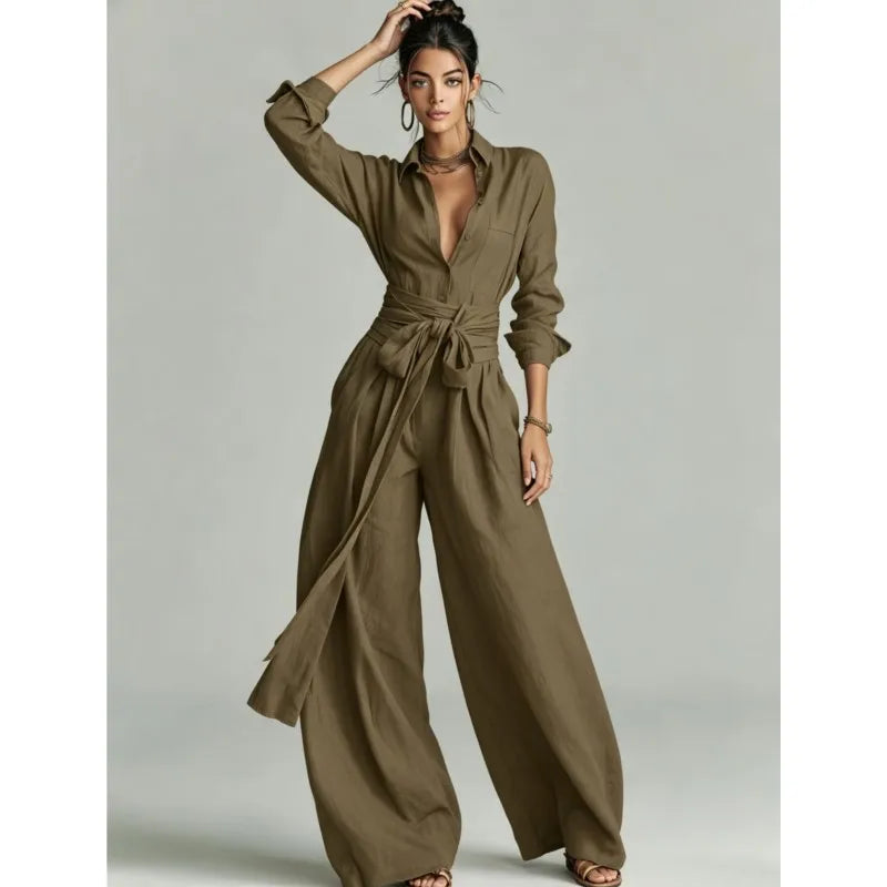 Temperament Female Two Piece Set Summer Fashion Lapel Strap Design Wide Leg Pants Suit With Pocket Lady High Waist Office Outfit