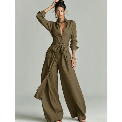 Temperament Female Two Piece Set Summer Fashion Lapel Strap Design Wide Leg Pants Suit With Pocket Lady High Waist Office Outfit