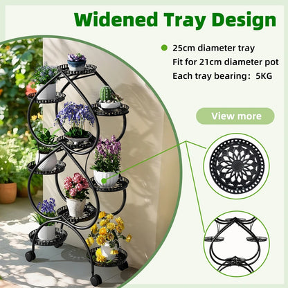 Iron Metal Plant Stand 9-Potted Rolling Flower Display Rack Holder with Wheels Indoor Outdoor