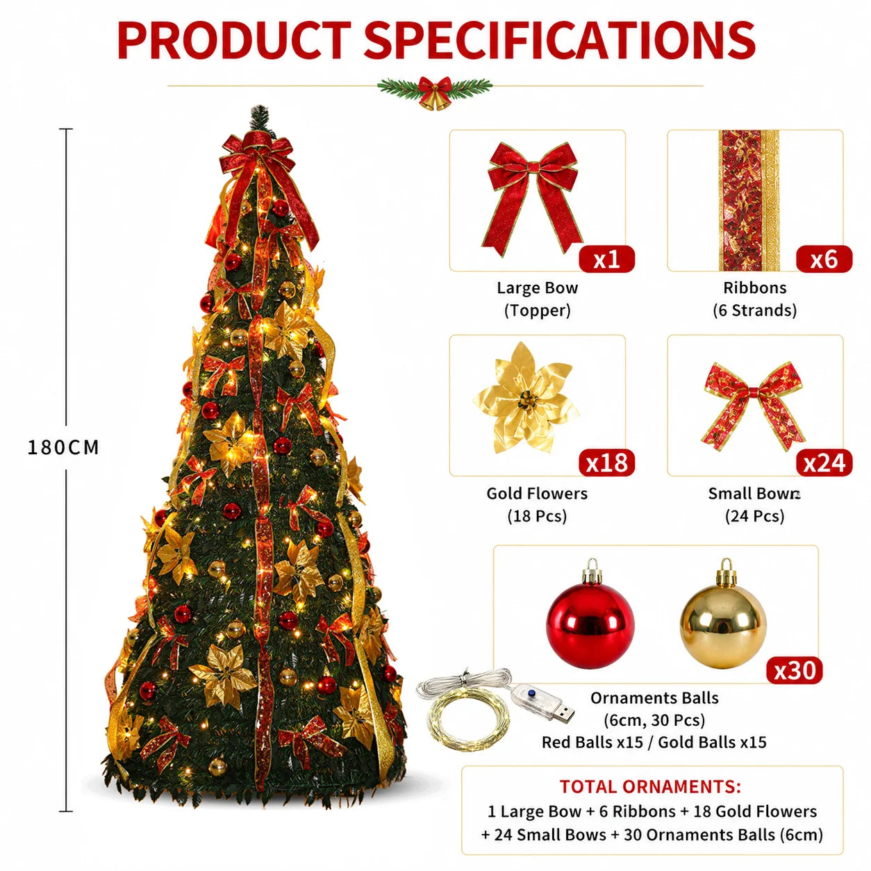 Pre Lit Pre Decorated Christmas Tree Pop Up Christmas Tree and Warm LED Lights & DIY Ornaments,Holiday Party Decorations