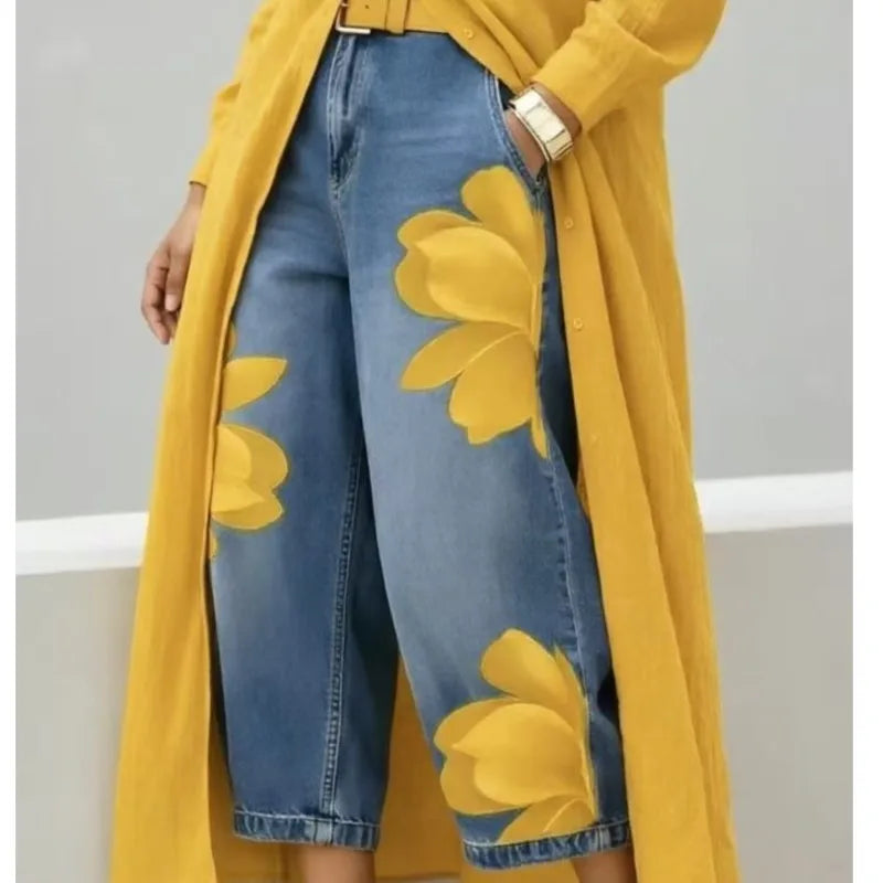 Women's Print High Waist Jeans And Shirts Dress  Loose Wide Leg Denim Pants Casual Trendy Trousers And Maxi Dress Women Clothing