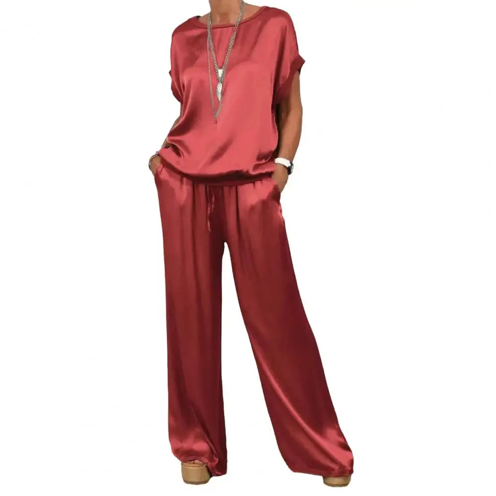 Simple Satin Women's Suits Summer Fashion Short Sleeve Loose Blouse Wide Leg Pants Two Piece Set For Women Casual Outfits
