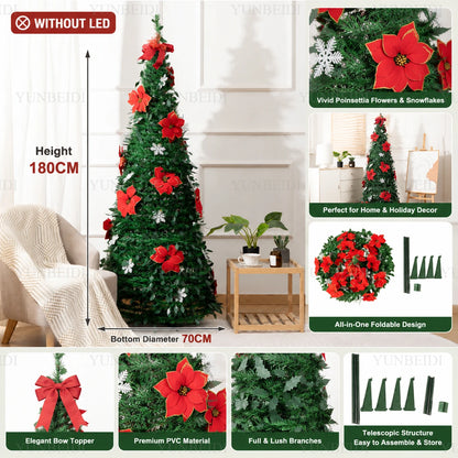 Foldable Integrated Artificial Christmas Tree with Ornaments LED Lights Exquisite 180CM Christmas Tree Home Christmas Decoration