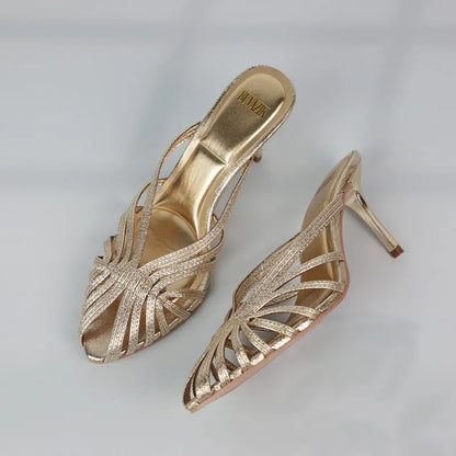 Women Shoes 2025 New Gold Hollow High Heels Luxury Pointed Toe Heeled Pumps for Women Office Mules Summer Stiletto Shoes Sandals