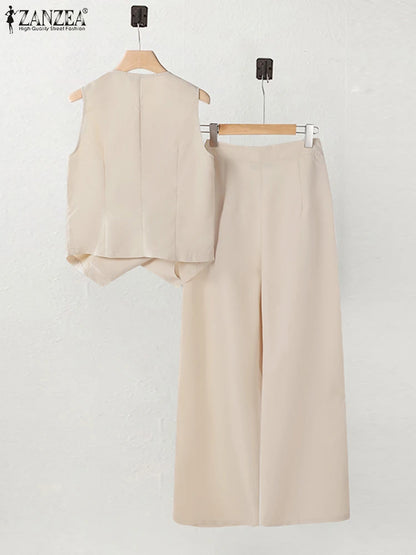 ZANZEA Women Trendy Pant Sets Irregular Buttons Vests and Wide Leg Pant 2-Pieces Suits 2025 Spring Summer Streetwear 2pcs Outfit