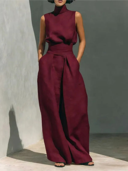 casual Solid Cotton Linen two-piece set for Women Sleeveless Turtleneck Top +High Waist Pants Set New Summer Button Loose Outfit