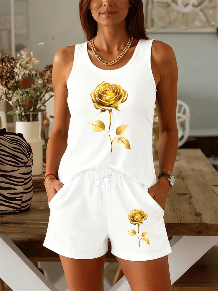 New Summer Women's Floral Print Tank Top Set Street-Style Versatile Fashion Tank Top and Shorts Two-Piece Set Sports T-Shirt Set