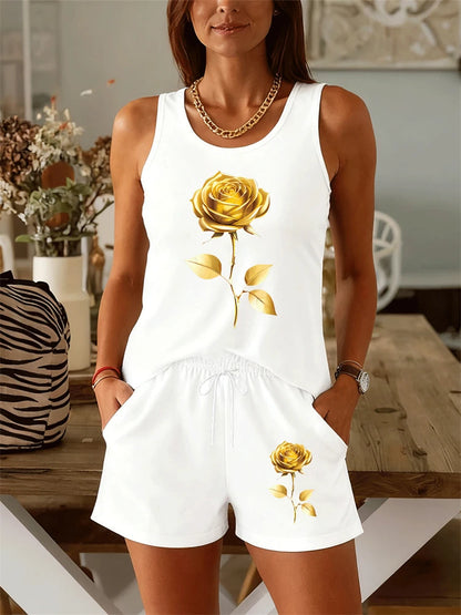 New Summer Women's Floral Print Tank Top Set Street-Style Versatile Fashion Tank Top and Shorts Two-Piece Set Sports T-Shirt Set