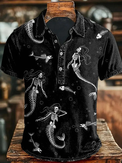 New American Retro Military Style Short Sleeved Polo Shirt with Red, Green, Black Camouflage Printed Casual Shirt