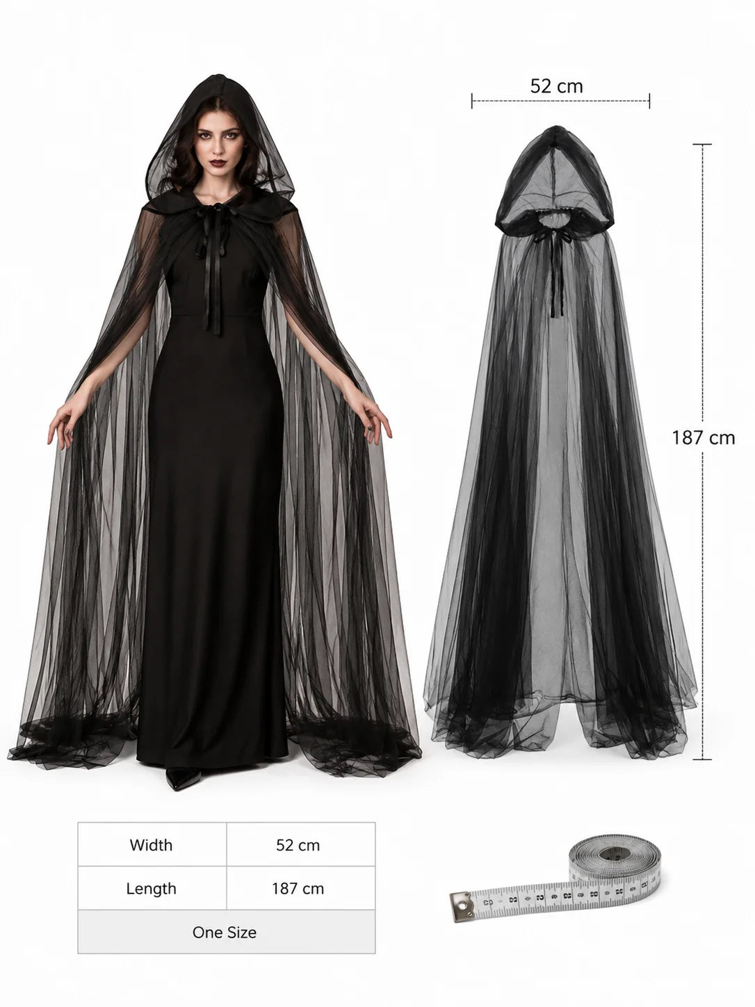 Sheer Tulle Hooded Full‑Length Cape for Women, Lightweight Flowy Gothic Cloak with Neck Tie, Halloween Witch Vampire Cosplay Costume Accessory for Fancy Dress Party Photo Shoot