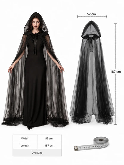 Sheer Tulle Hooded Full‑Length Cape for Women, Lightweight Flowy Gothic Cloak with Neck Tie, Halloween Witch Vampire Cosplay Costume Accessory for Fancy Dress Party Photo Shoot