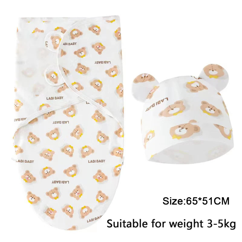 Baby Blanket Hat Set Cartoon Printed Cotton Newborn Swaddle Adjustable