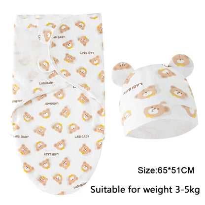 Baby Blanket Hat Set Cartoon Printed Cotton Newborn Swaddle Adjustable
