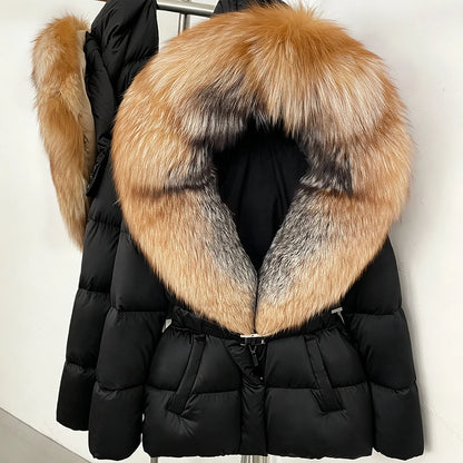 OFTBUY New Fashion Winter Clothes Women Duck Down Coat with Big Natural Fur Collar Belt Hooded Real Fox Fur Puffer Jacket Female