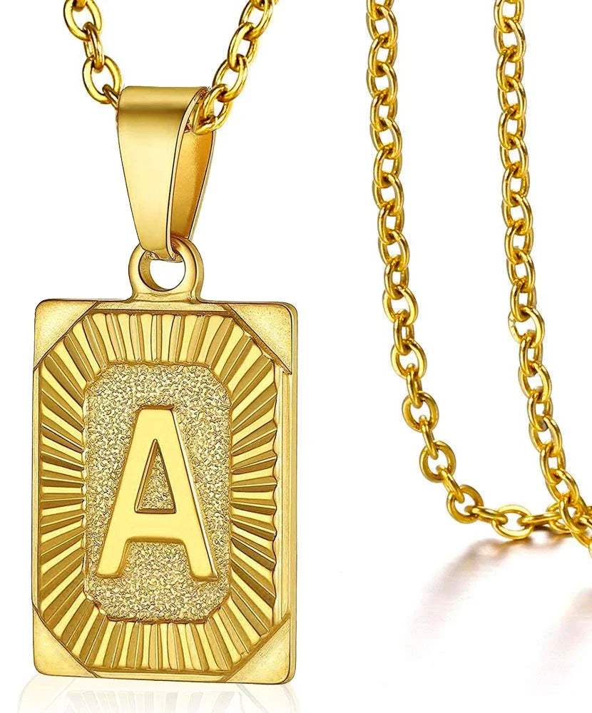 Initial Pendant Necklace for Women Simple Stainless Steel Cuba Link Charm Letter Square Necklace Men Jewelry Couple Gift