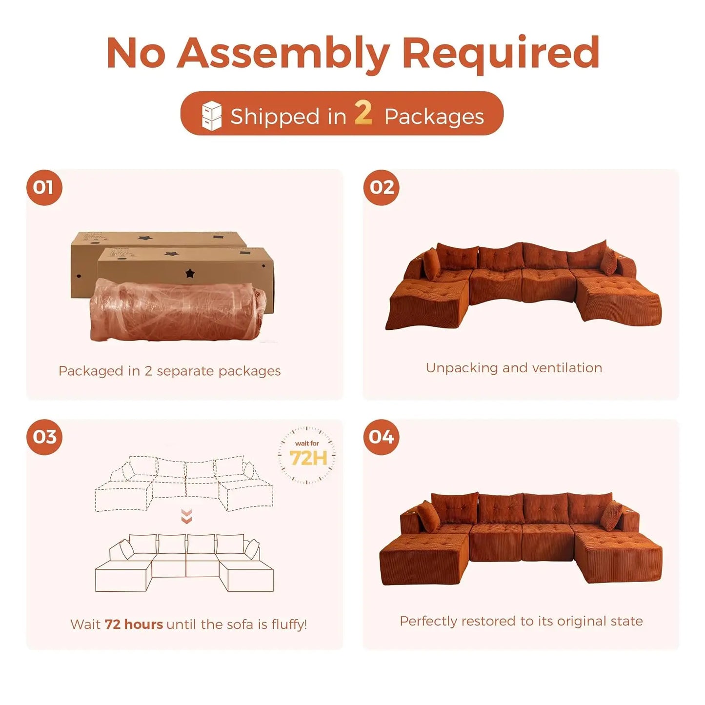 Boneless Couch, 129.5-Inch U-Shaped Cloud Couch, 2 Ottomans | Orange Tufted Modular Sofa in a Box Requires No, Customized