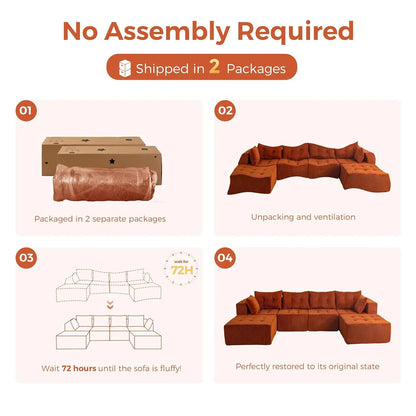 Boneless Couch, 129.5-Inch U-Shaped Cloud Couch, 2 Ottomans | Orange Tufted Modular Sofa in a Box Requires No, Customized