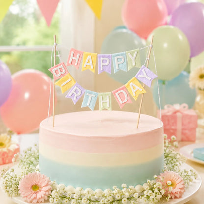Happy Birthday Cake Topper Banner, Pastel Felt Cake Decoration for Birthday Party Dessert Table Celebration Supplies