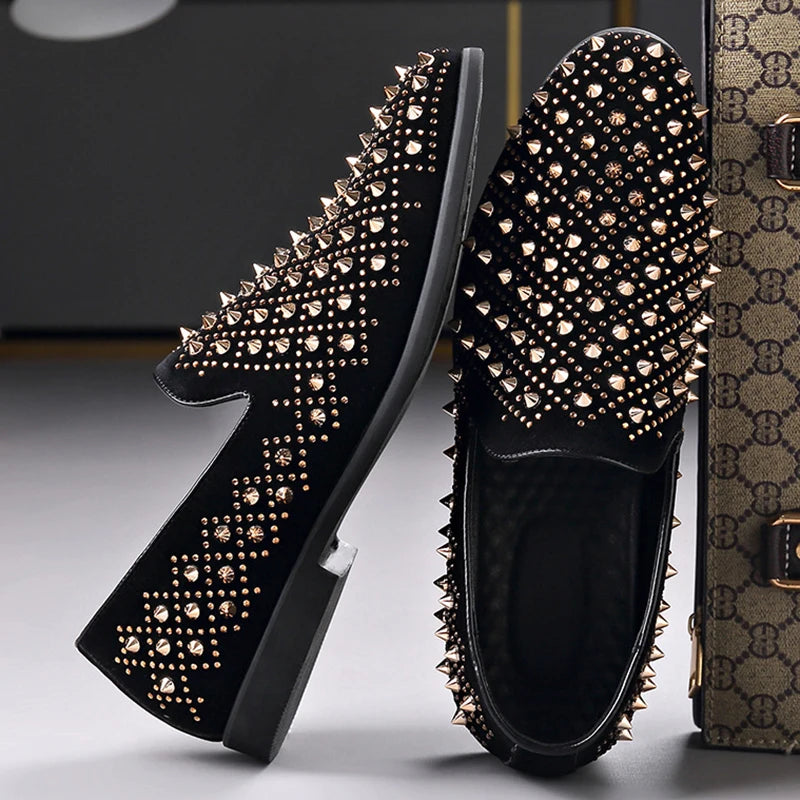 Fashion Designer New Gold Silver Punk Rock Rivet Leather Casual Shoes for Men Rhinestone Loafers Formal Wedding Dress Homecoming