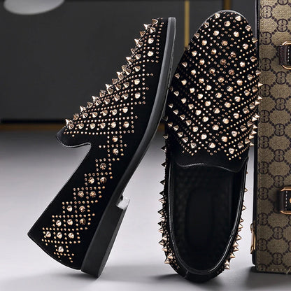 Fashion Designer New Gold Silver Punk Rock Rivet Leather Casual Shoes for Men Rhinestone Loafers Formal Wedding Dress Homecoming