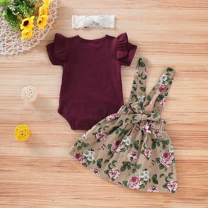 3PCS Newborn Baby Girl Christmas Clothes Set Short Sleeve Romper+Suspender Skirt+Headband Clothing Set for Toddler 0-18 Months