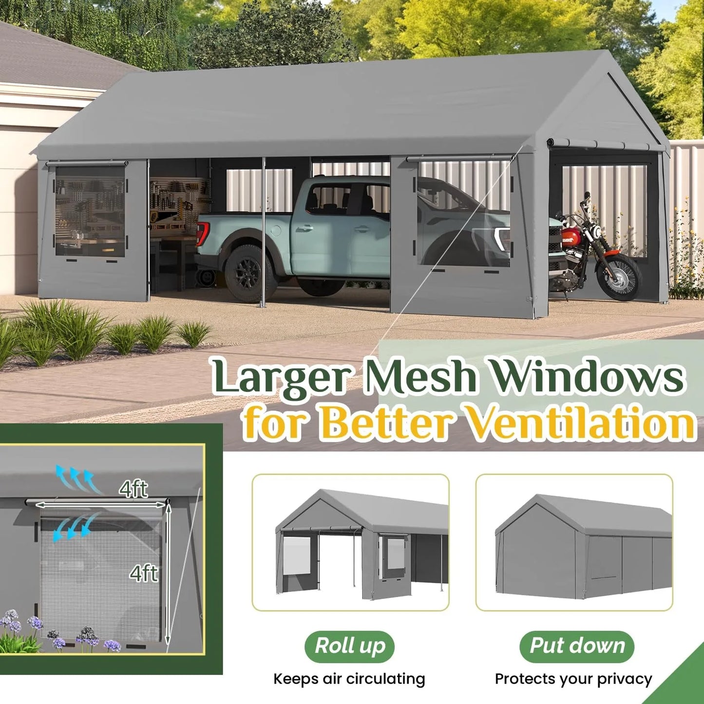 Heavy Duty Carport,Roll-Up Windows,Removable Sidewalls,Portable Garage & Car Canopy,12'x24', Custom