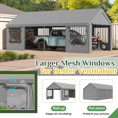 Heavy Duty Carport,Roll-Up Windows,Removable Sidewalls,Portable Garage & Car Canopy,12'x24', Custom