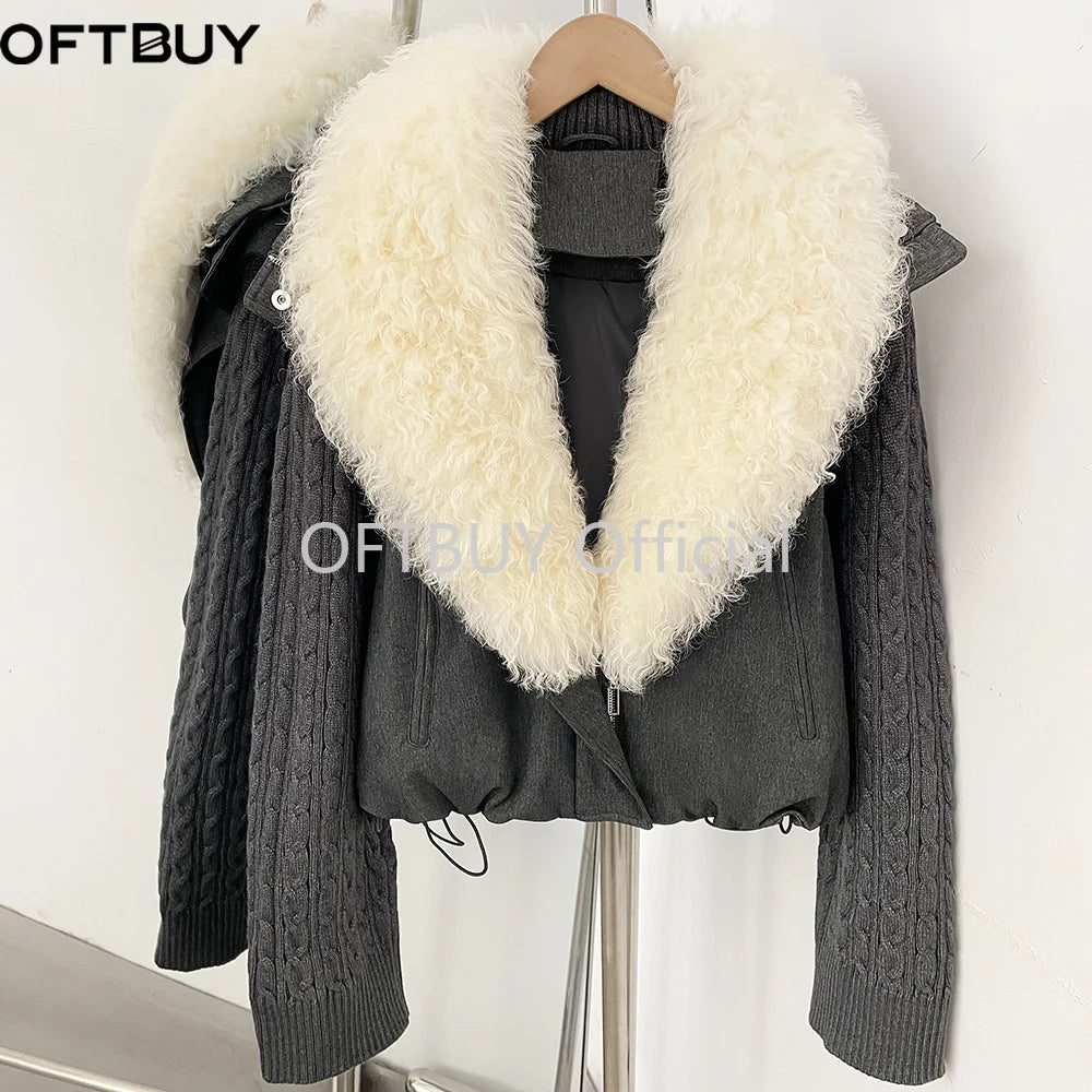 OFTBUY Women Winter Real Lamb Wool Fur Collar 90 White Duck Down Jacket Cable Knit Sleeve Zipper Drawstring Cropped Coat