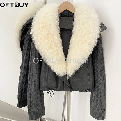 OFTBUY Women Winter Real Lamb Wool Fur Collar 90 White Duck Down Jacket Cable Knit Sleeve Zipper Drawstring Cropped Coat