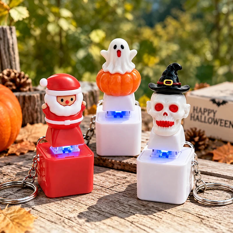 Glowing Sound Key Cap Keychain Halloween Pumpkin Ghost Witch Press Keyring Christmas Santa Snowman Pendant Party Favor