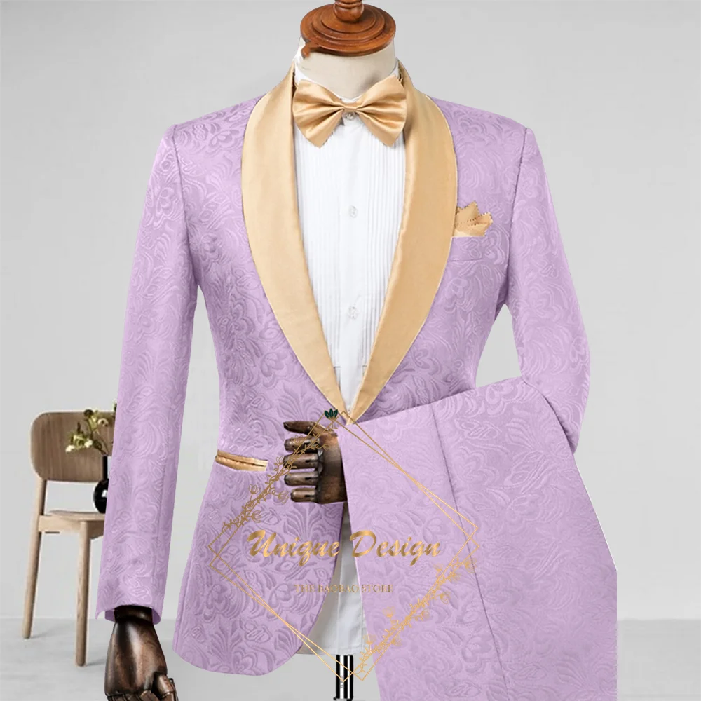 Champagne Men's Suit 2-Piece Set Satin Shawl Lapel Jacquard Jacket Pants Elegant Set for Wedding Groom Summer Party Dating Prom