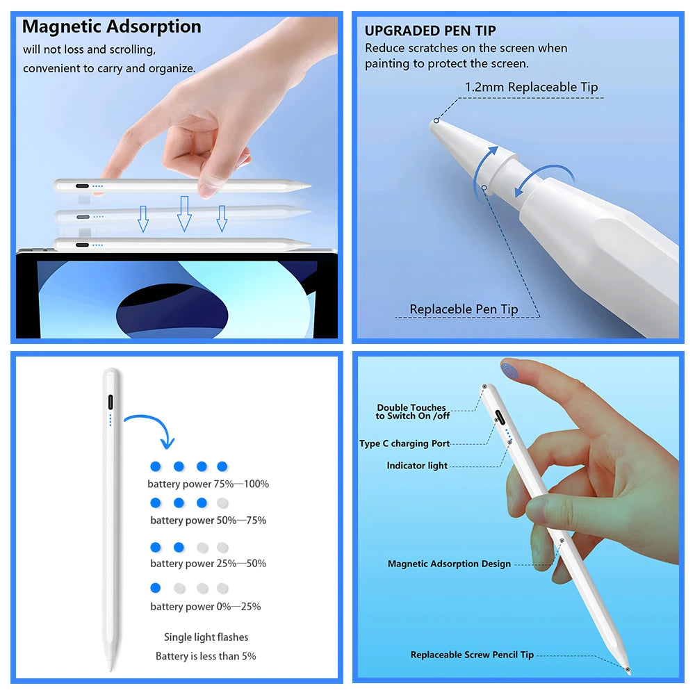 Stylus Pen for Apple Pencil with LED Power Indicators Palm Rejection Touch Pen for 2026 2025 2022 2021 2020 2019 2018 iPad Penci