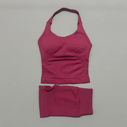 2 Pieces Shorts Yoga Set Women Backless Halter Tops High Waist Seamless Shorts Gym Suit Fitness Sportswear Workout Sets