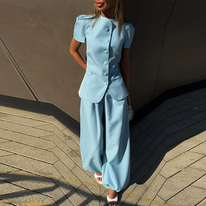 Elegant Short Sleeve Top Pants Set Women's Solid Single-breasted O Neck Waist-cinching Tops Loose Lantern Trousers 2026 Outfits