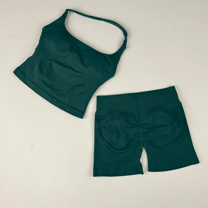 VEQKING Seamless 2pcs Women Yoga Sets Open Back Longline Sports Halter Bras Running Tank Tops Scrunch Butt Gym Workourt Shorts