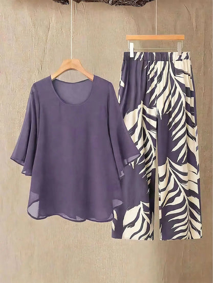 Lady Colorful O Neck Loose Suit Casual Chiffon Set Three Quarter Sleeve Top Wide Leg Pants Women Outfit Comfortable 2 Piece Sets