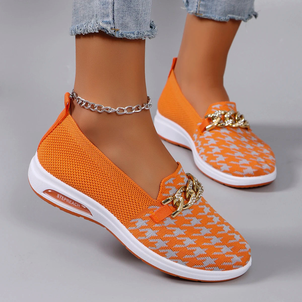 Orange Checkered Slip-On Flats | Low Flat Shoes | Women's Casual Everyday Wear