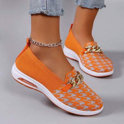 Orange Checkered Slip-On Flats | Low Flat Shoes | Women's Casual Everyday Wear