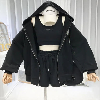 Women's Fashionable Casual Sports Windsuit Spring Autumn Collection Age-Reducing Gym Running Sweatshirt Shorts Three-Piece Set