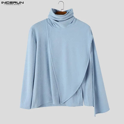 INCERUN Men's Pullovers Solid Turtleneck Long Sleeve Casual Irregular Tops Sweater For Man Streetwear Loose Fashion Men Clothes