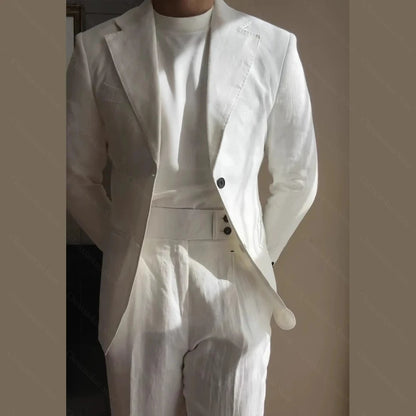 Chic Linen Men Suits 2 Piece Summer Single Breasted Notch Lapel Suit High Quality Wedding Casual Office Party Prom Costume Homme