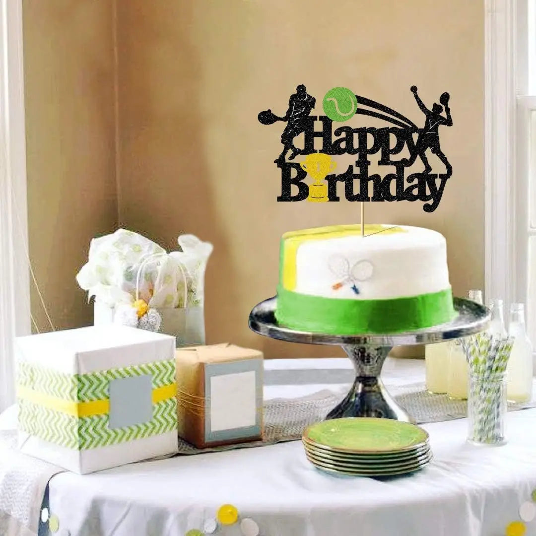 Tennis Ball Cake Topper Happy Birthday Sports Themed Trophy Tennis Match Cupcake Topper Dessert Decoration Baking Supplies Diy